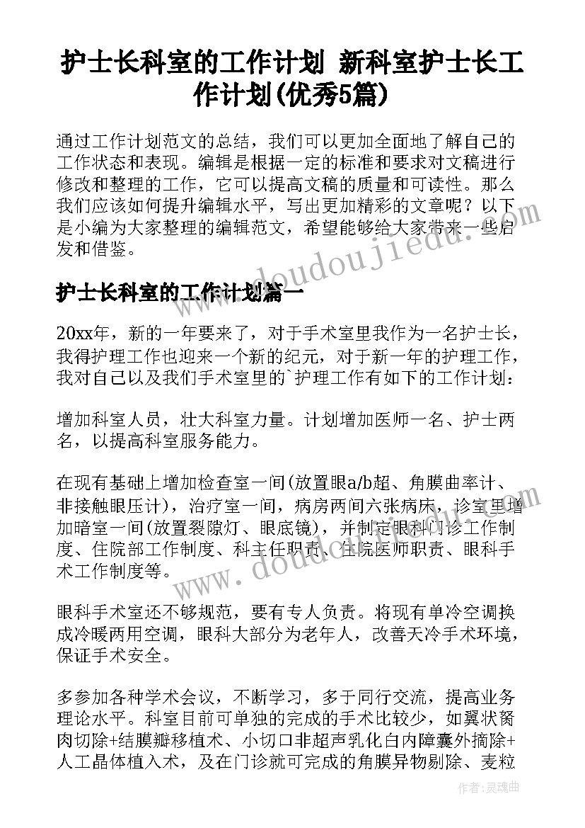 护士长科室的工作计划 新科室护士长工作计划(优秀5篇)