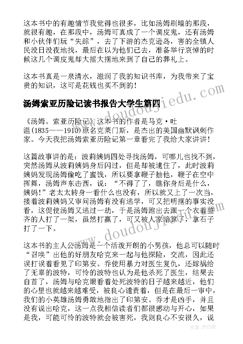 汤姆索亚历险记读书报告大学生(实用12篇)