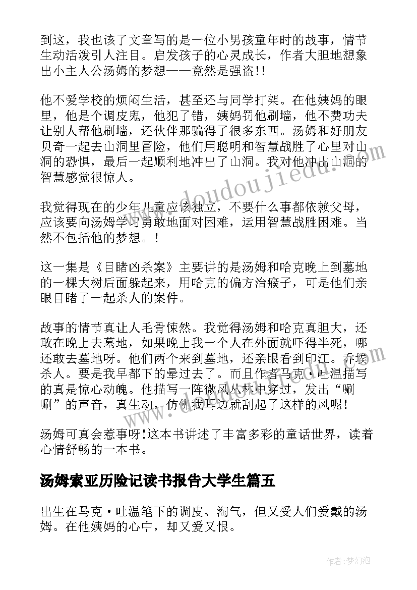 汤姆索亚历险记读书报告大学生(实用12篇)