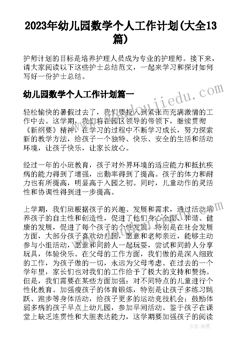 2023年幼儿园数学个人工作计划(大全13篇)