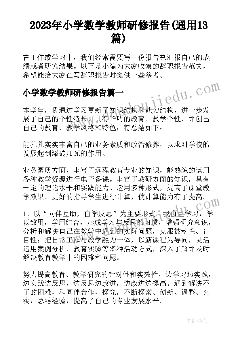 2023年小学数学教师研修报告(通用13篇)