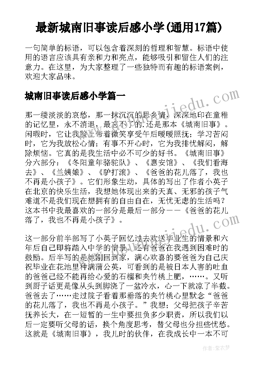 最新城南旧事读后感小学(通用17篇)