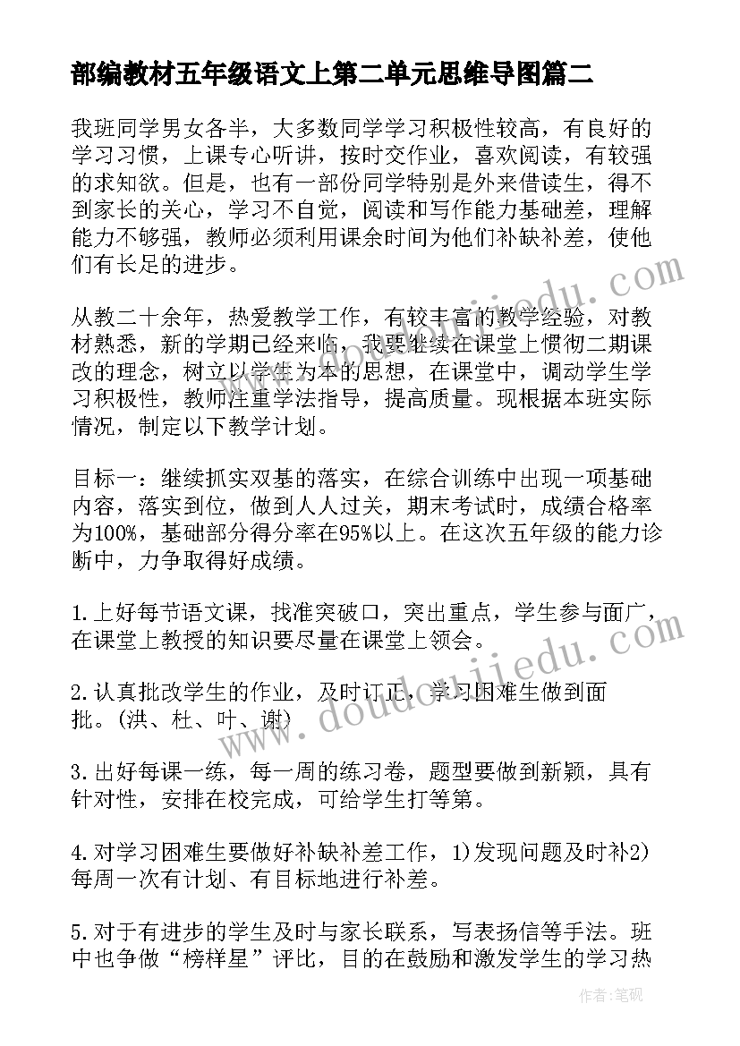 2023年部编教材五年级语文上第二单元思维导图 五年级语文教学计划(优质11篇)