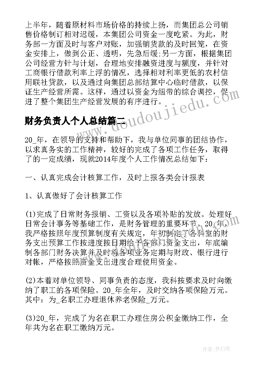 2023年财务负责人个人总结 公司财务个人工作总结(优质20篇)