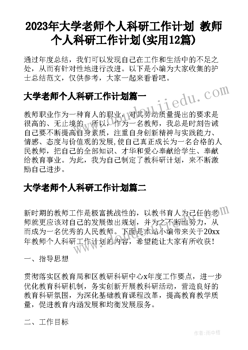 2023年大学老师个人科研工作计划 教师个人科研工作计划(实用12篇)