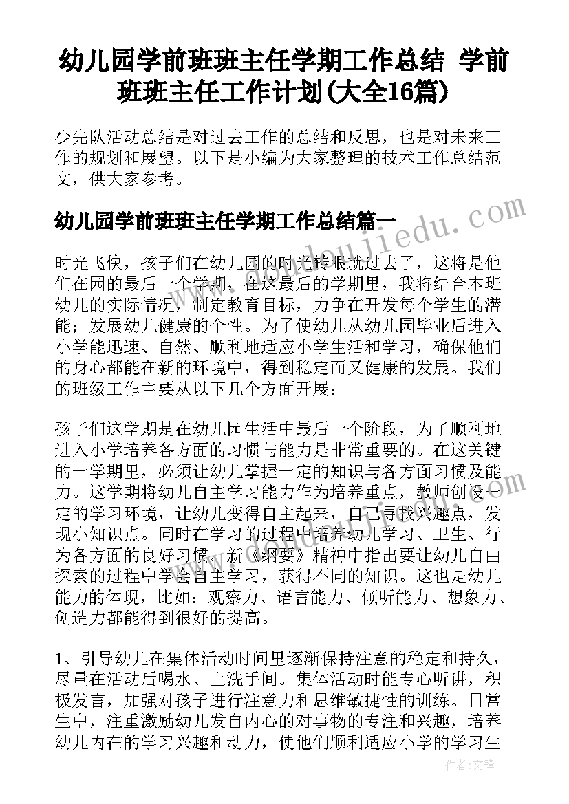 幼儿园学前班班主任学期工作总结 学前班班主任工作计划(大全16篇)