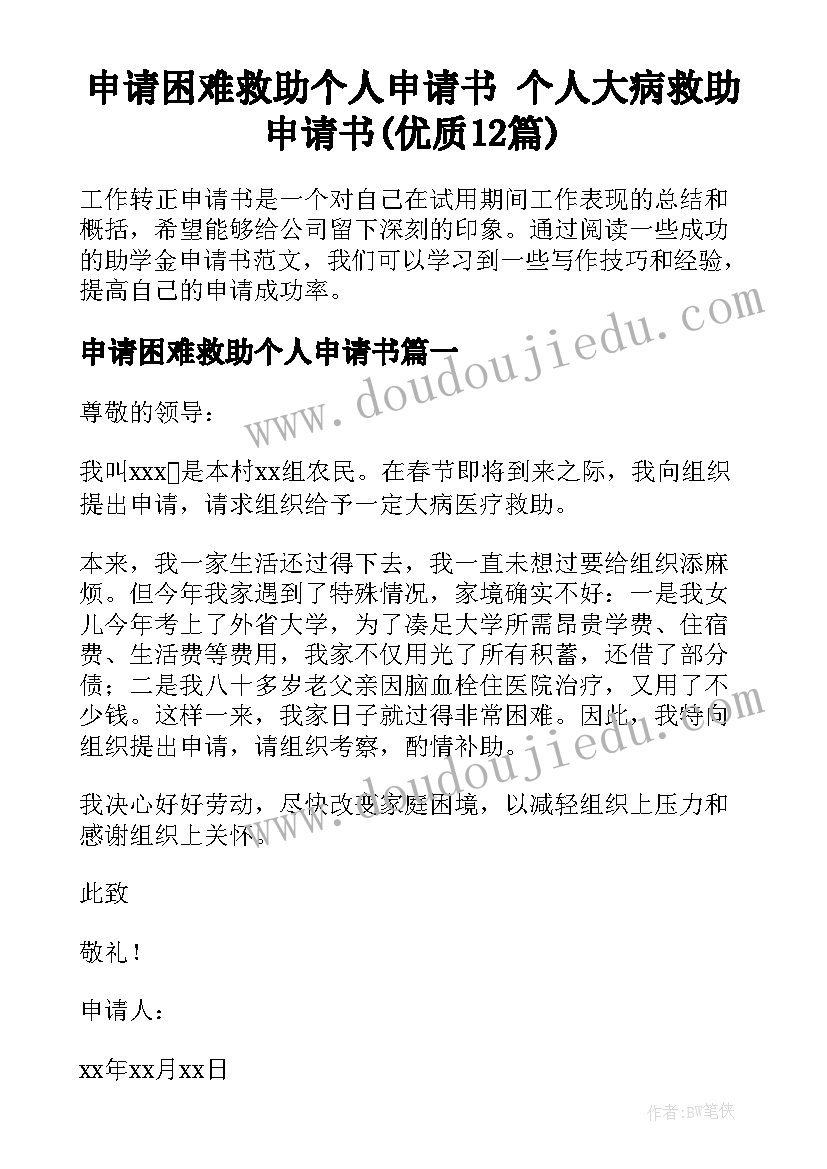 申请困难救助个人申请书 个人大病救助申请书(优质12篇)