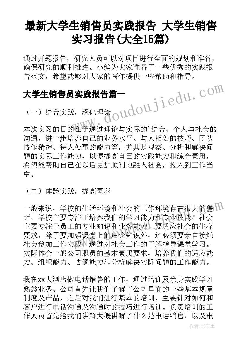 最新大学生销售员实践报告 大学生销售实习报告(大全15篇)