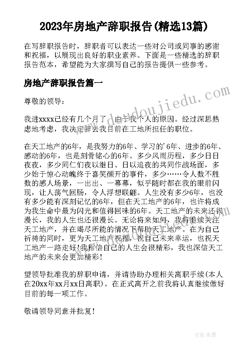 2023年房地产辞职报告(精选13篇)