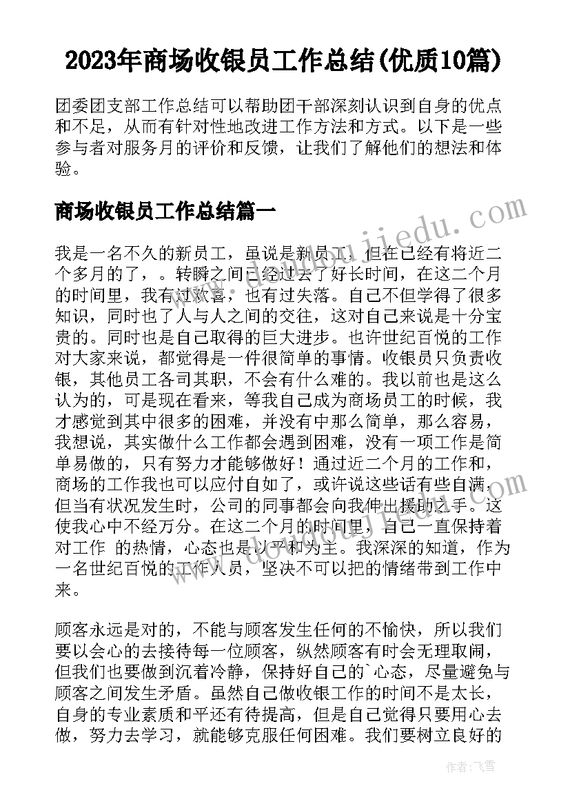 2023年商场收银员工作总结(优质10篇)