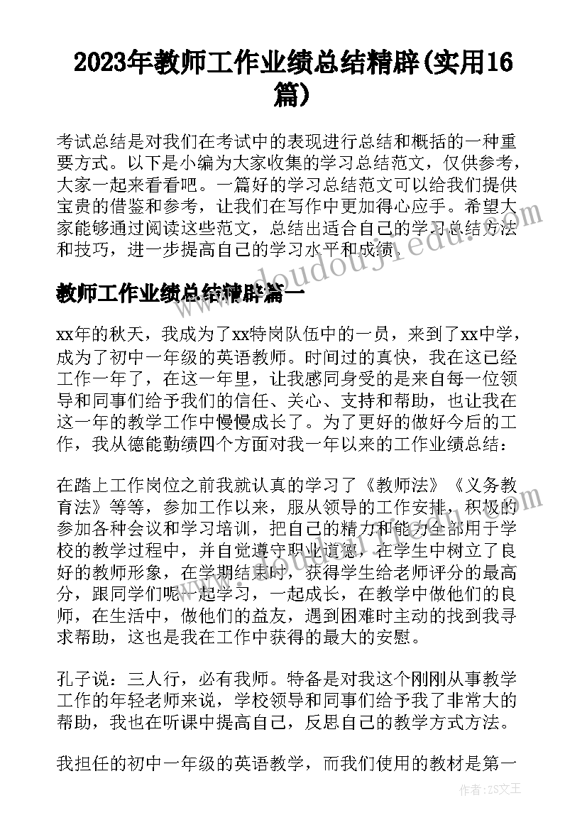 2023年教师工作业绩总结精辟(实用16篇)