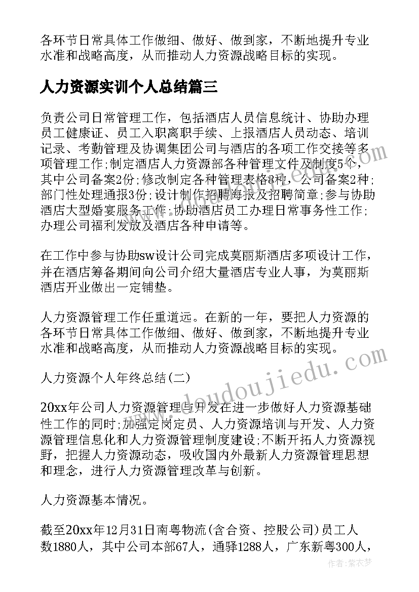 2023年人力资源实训个人总结 医院人力资源主管年终个人总结(模板11篇)