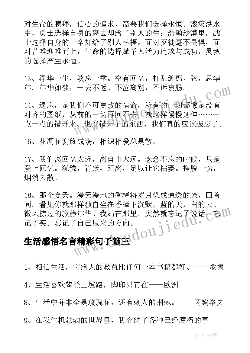 生活感悟名言精彩句子(实用8篇)