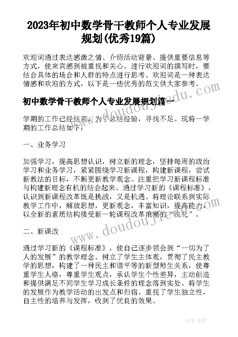 2023年初中数学骨干教师个人专业发展规划(优秀19篇)