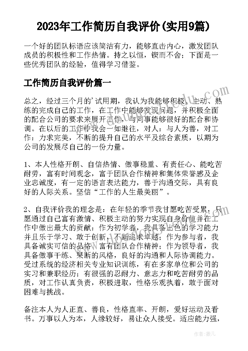 2023年工作简历自我评价(实用9篇)