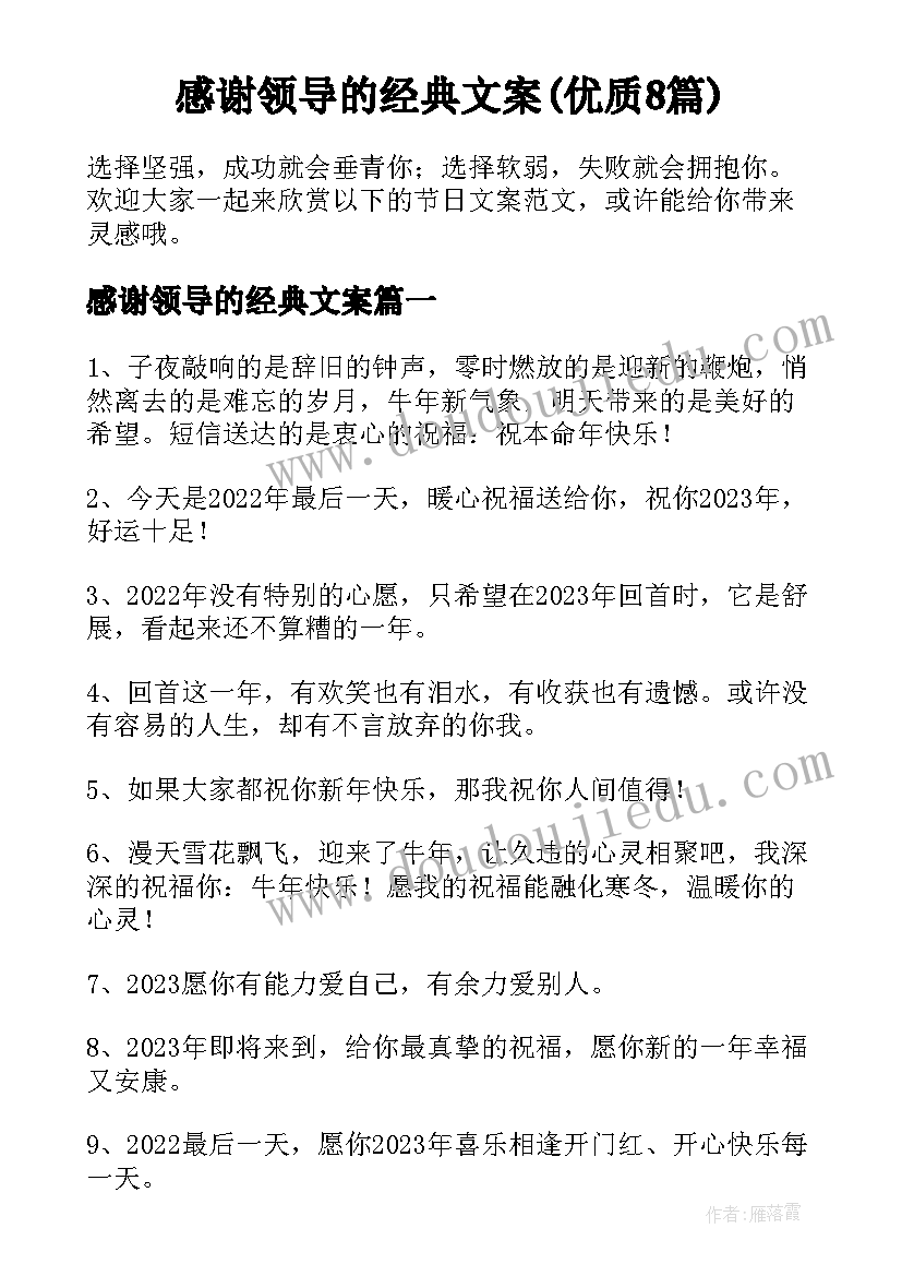 感谢领导的经典文案(优质8篇)