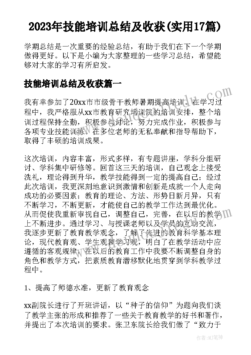 2023年技能培训总结及收获(实用17篇)