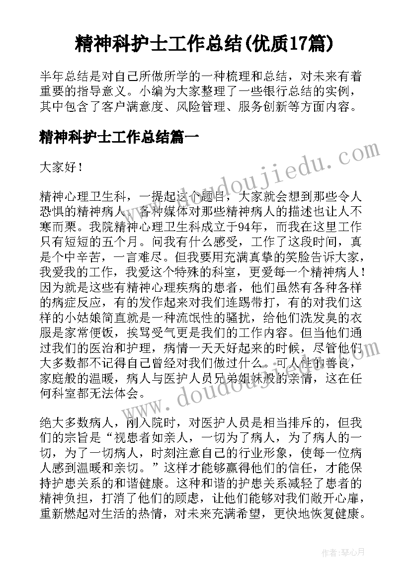 精神科护士工作总结(优质17篇)