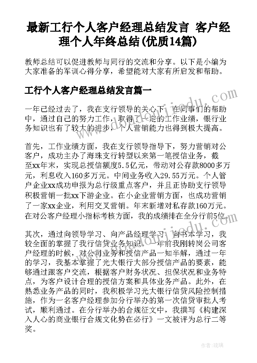 最新工行个人客户经理总结发言 客户经理个人年终总结(优质14篇)