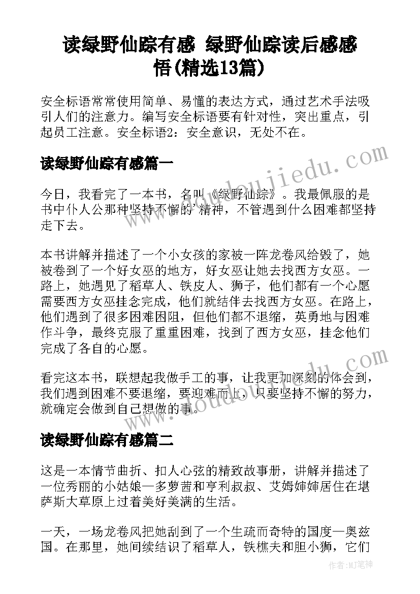 读绿野仙踪有感 绿野仙踪读后感感悟(精选13篇)