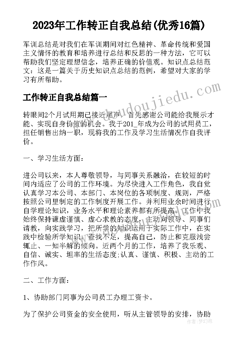 2023年工作转正自我总结(优秀16篇)