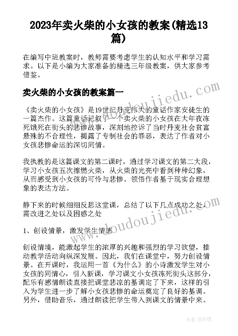 2023年卖火柴的小女孩的教案(精选13篇)