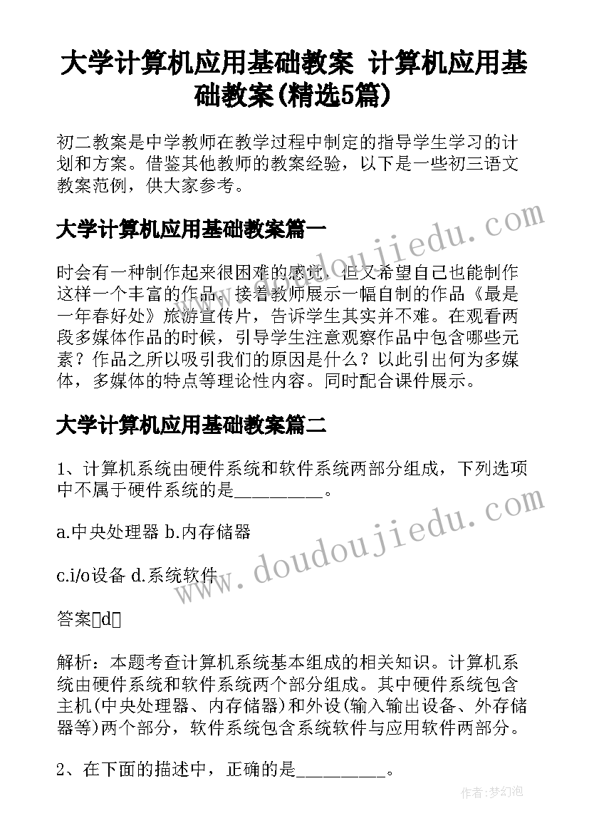 大学计算机应用基础教案 计算机应用基础教案(精选5篇)