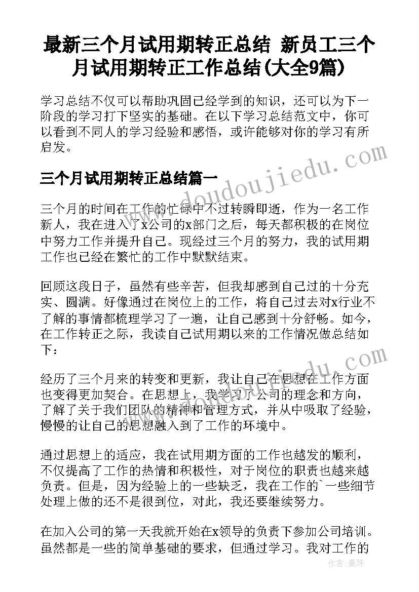 最新三个月试用期转正总结 新员工三个月试用期转正工作总结(大全9篇)