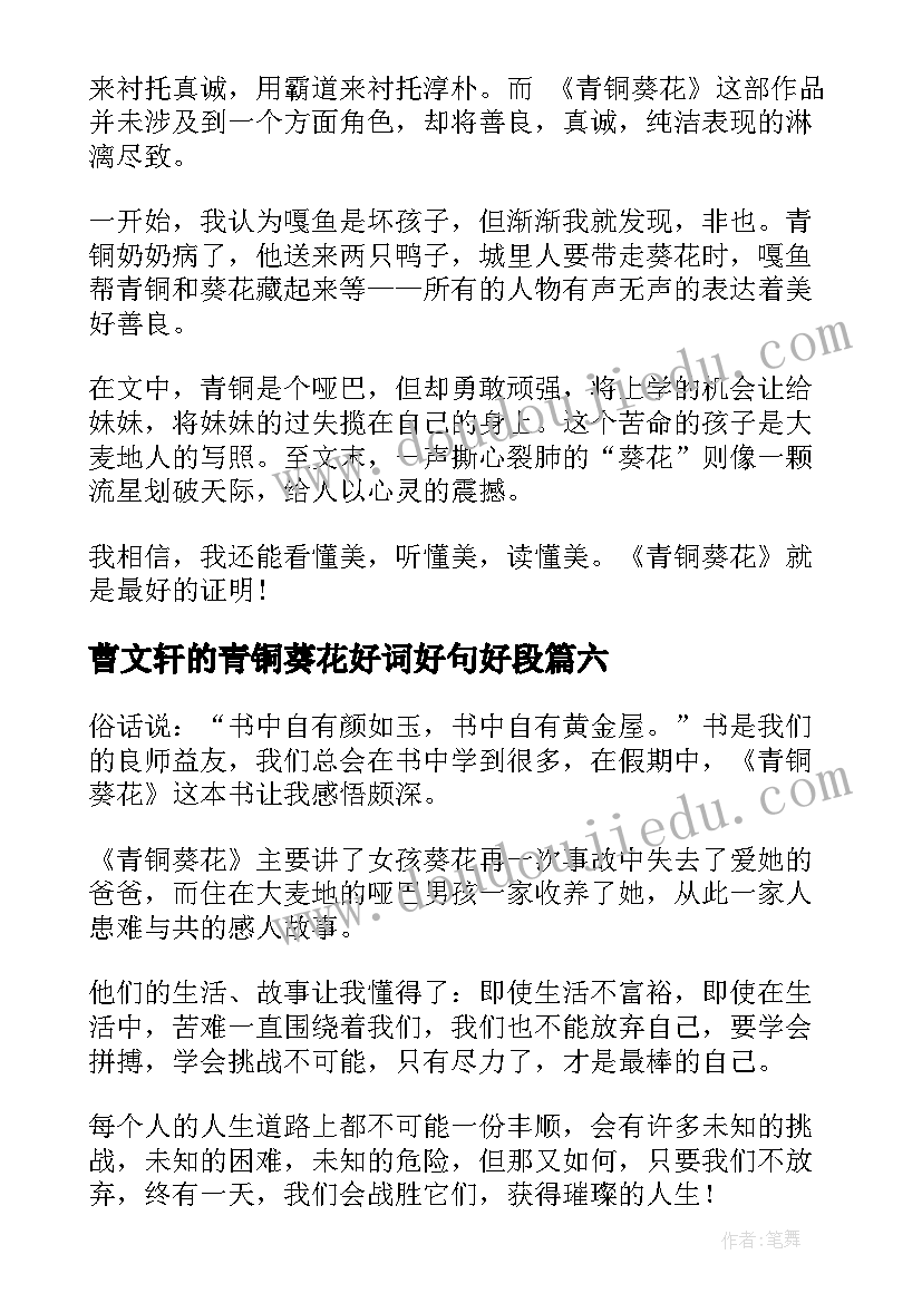 2023年曹文轩的青铜葵花好词好句好段 青铜葵花读书笔记(实用18篇)