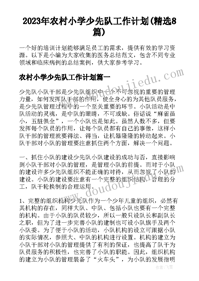 2023年农村小学少先队工作计划(精选8篇)