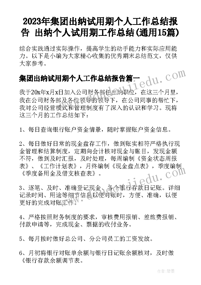 2023年集团出纳试用期个人工作总结报告 出纳个人试用期工作总结(通用15篇)