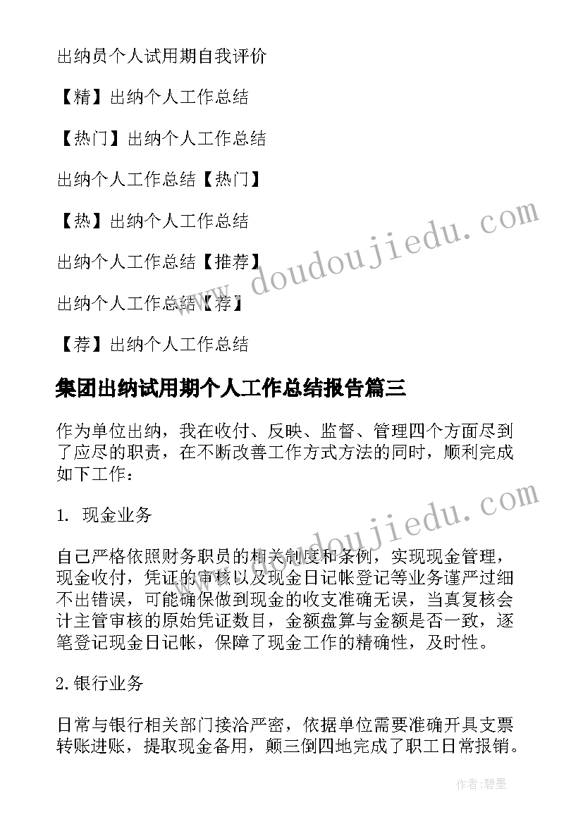 2023年集团出纳试用期个人工作总结报告 出纳个人试用期工作总结(通用15篇)