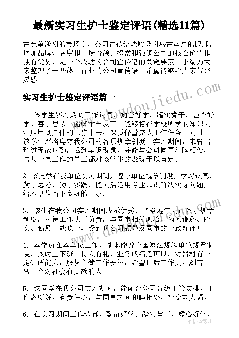 最新实习生护士鉴定评语(精选11篇)