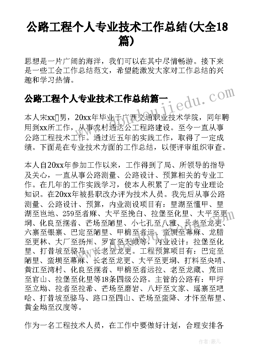 公路工程个人专业技术工作总结(大全18篇)