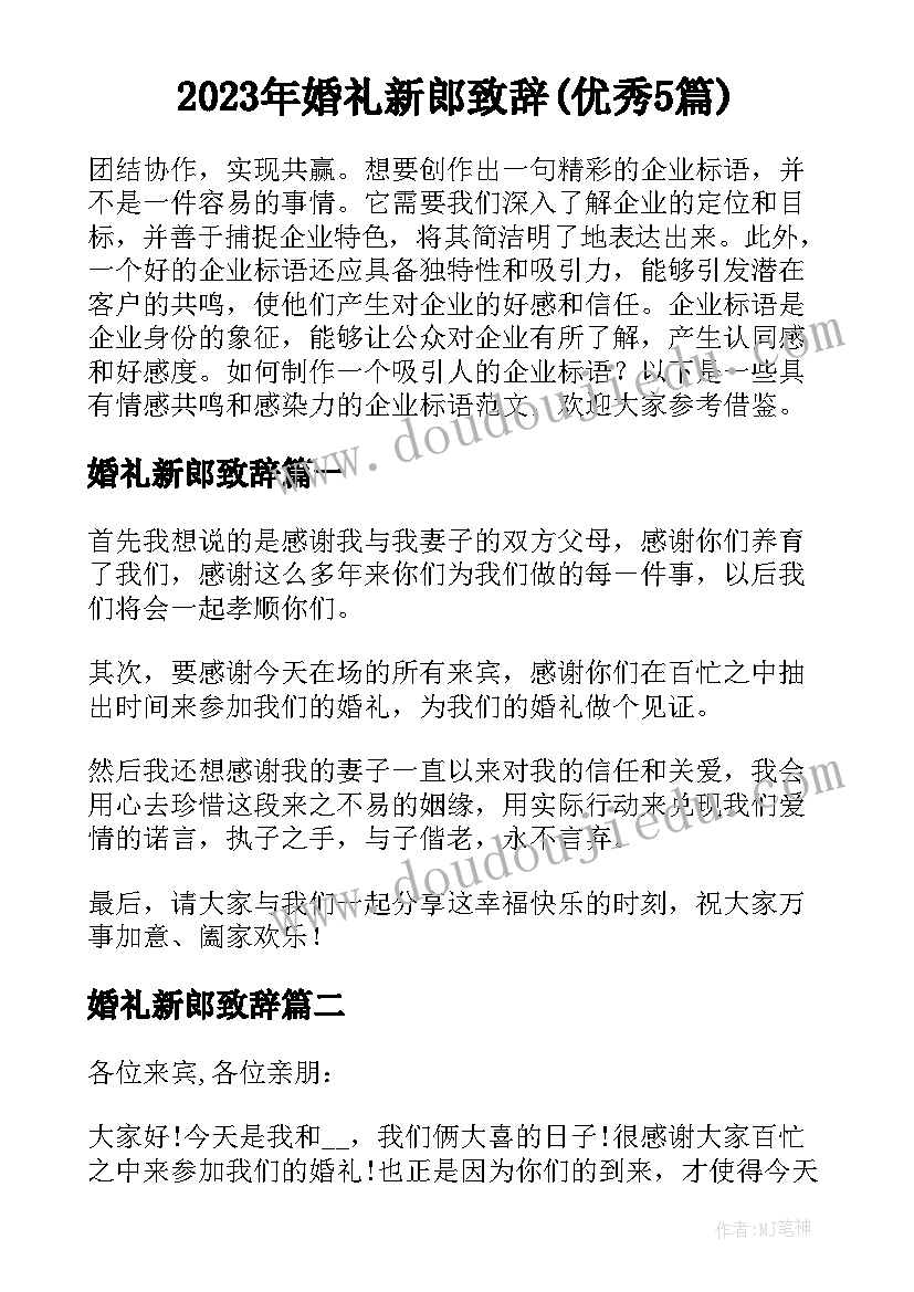 2023年婚礼新郎致辞(优秀5篇)