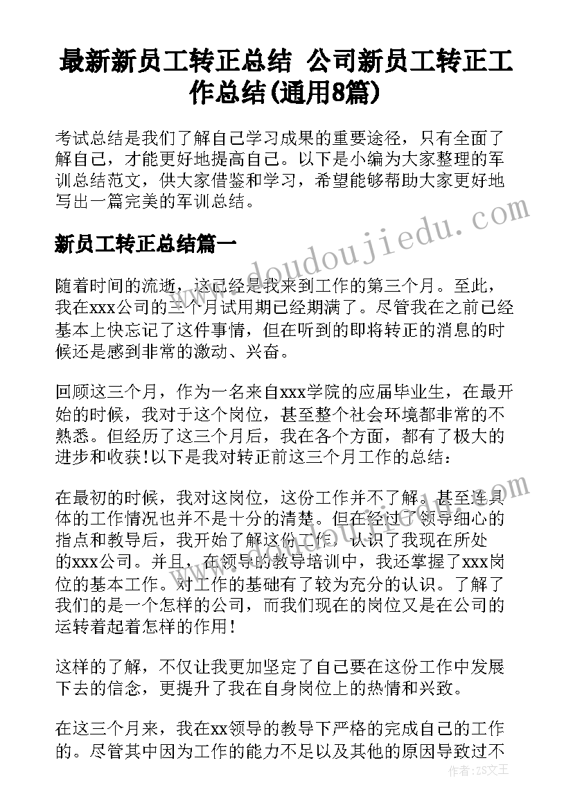 最新新员工转正总结 公司新员工转正工作总结(通用8篇)