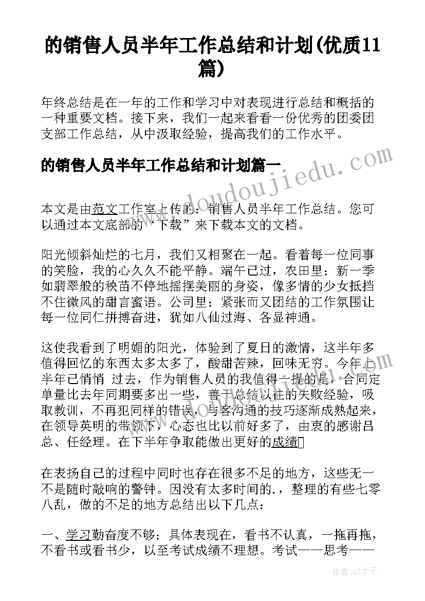 的销售人员半年工作总结和计划(优质11篇)