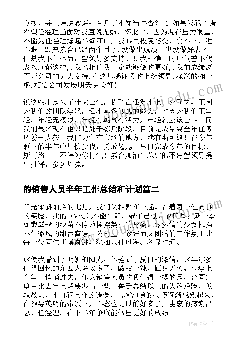 的销售人员半年工作总结和计划(优质11篇)