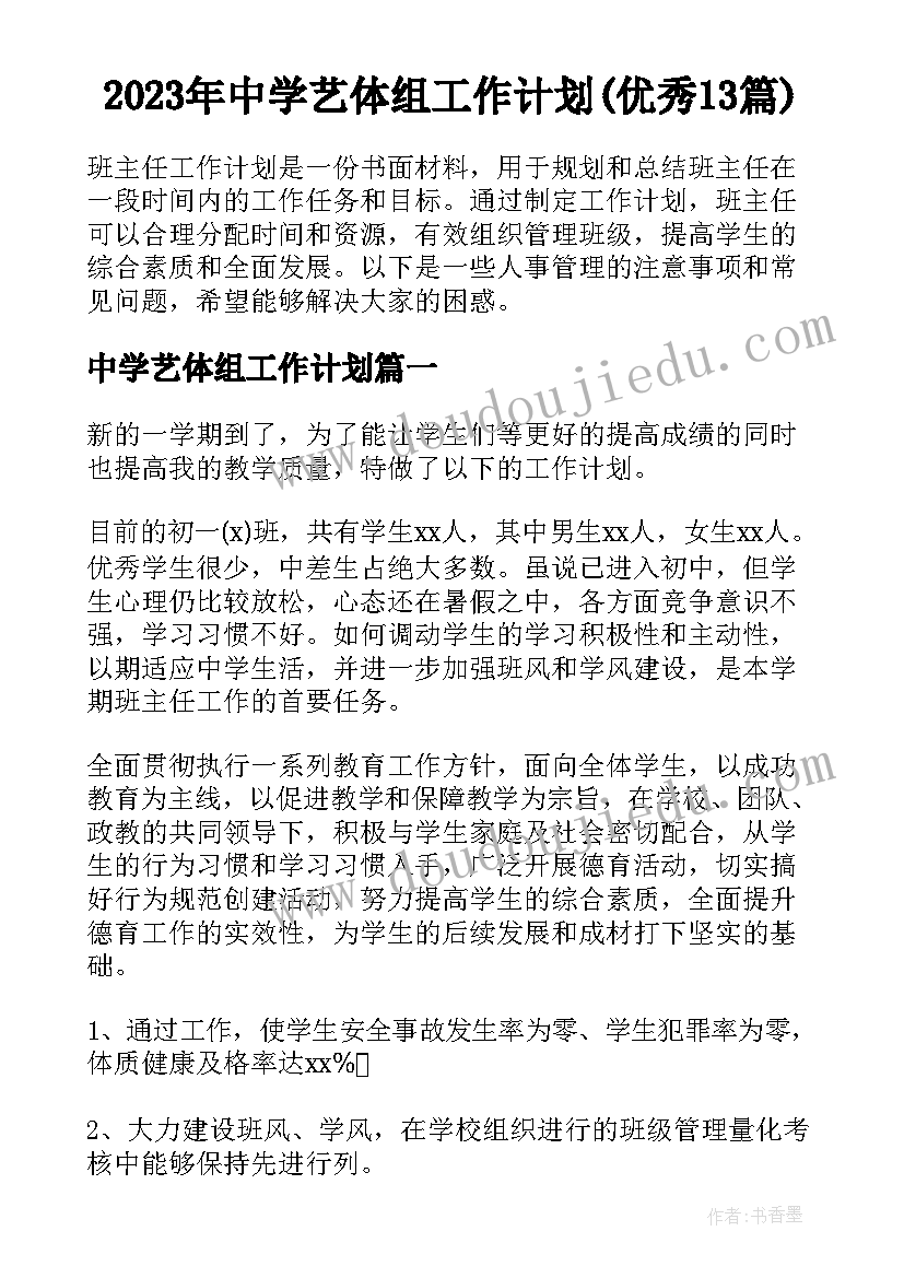 2023年中学艺体组工作计划(优秀13篇)