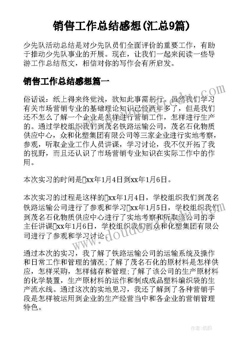 销售工作总结感想(汇总9篇)