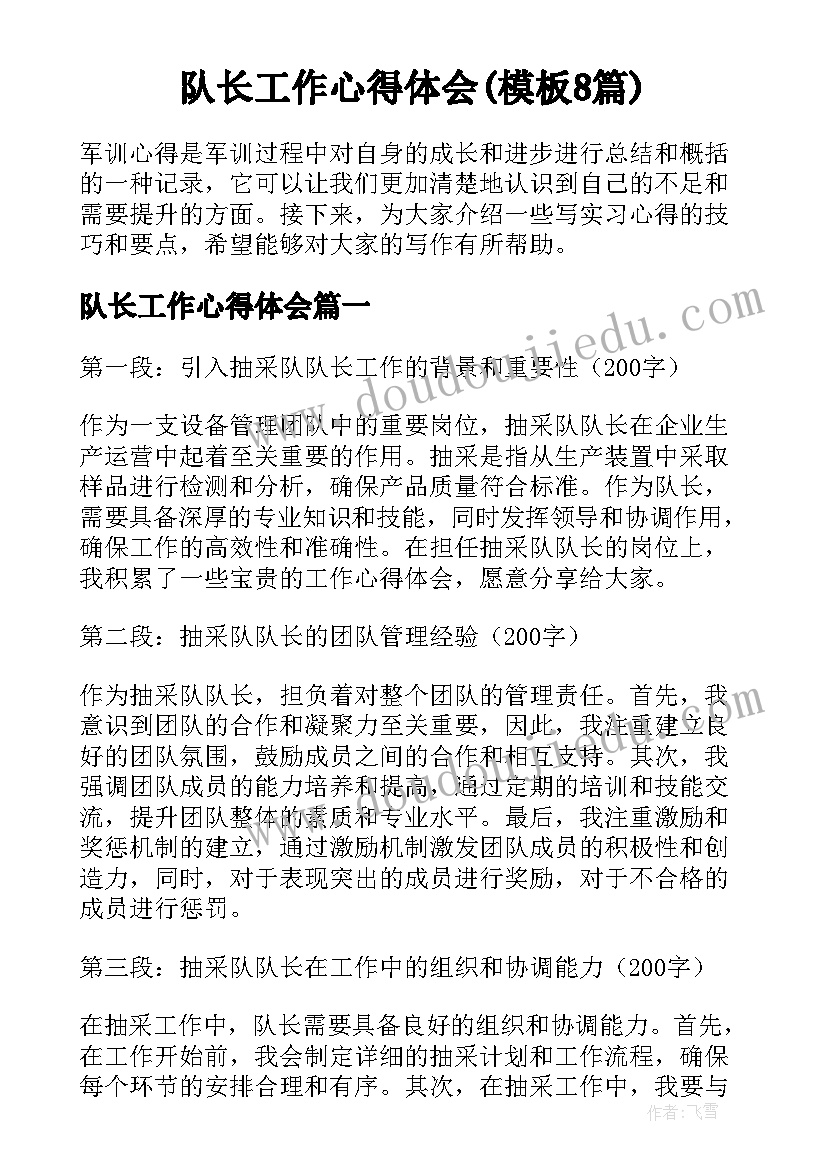 队长工作心得体会(模板8篇)