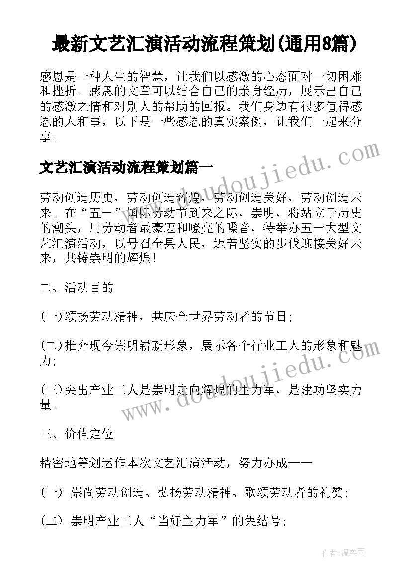 最新文艺汇演活动流程策划(通用8篇)