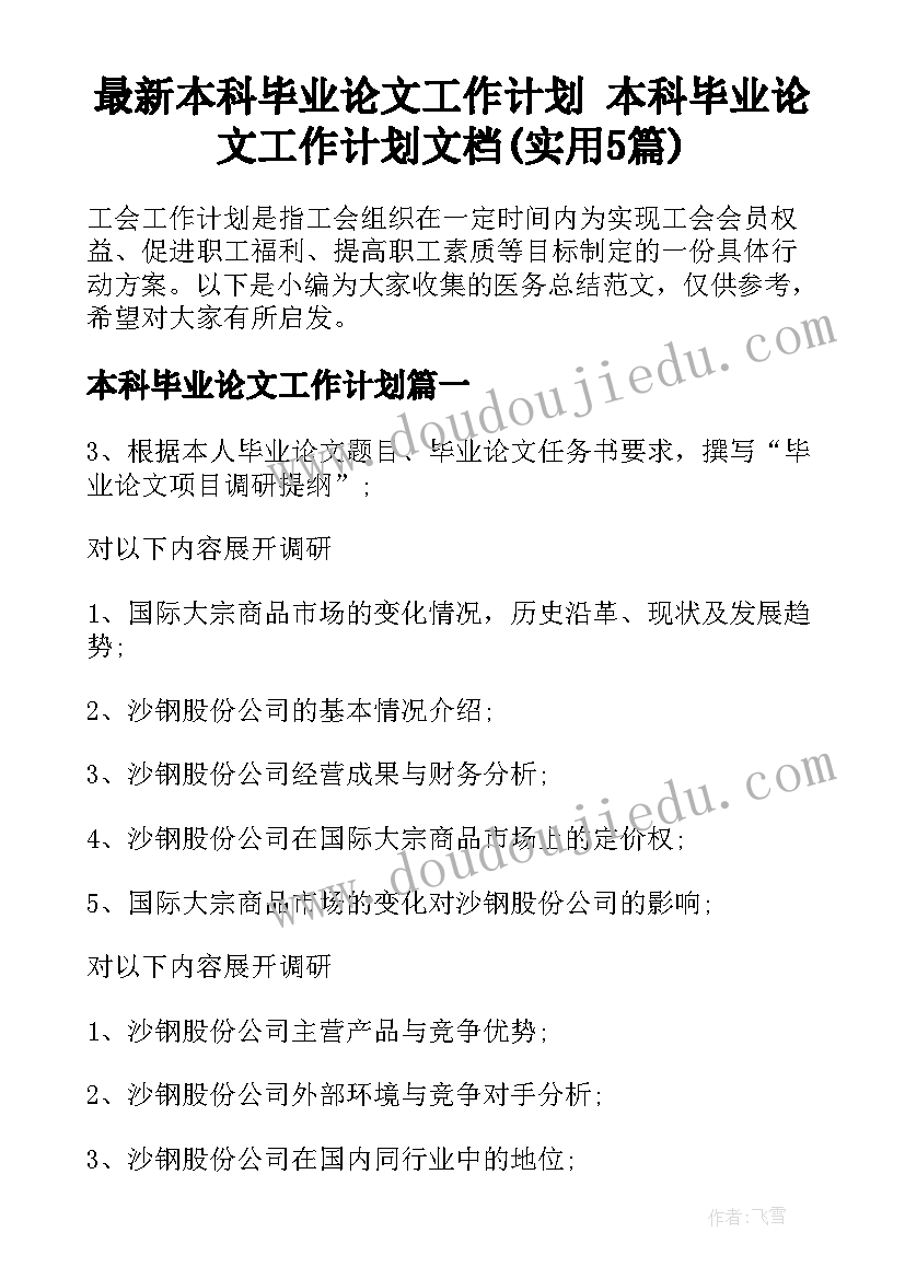 最新本科毕业论文工作计划 本科毕业论文工作计划文档(实用5篇)