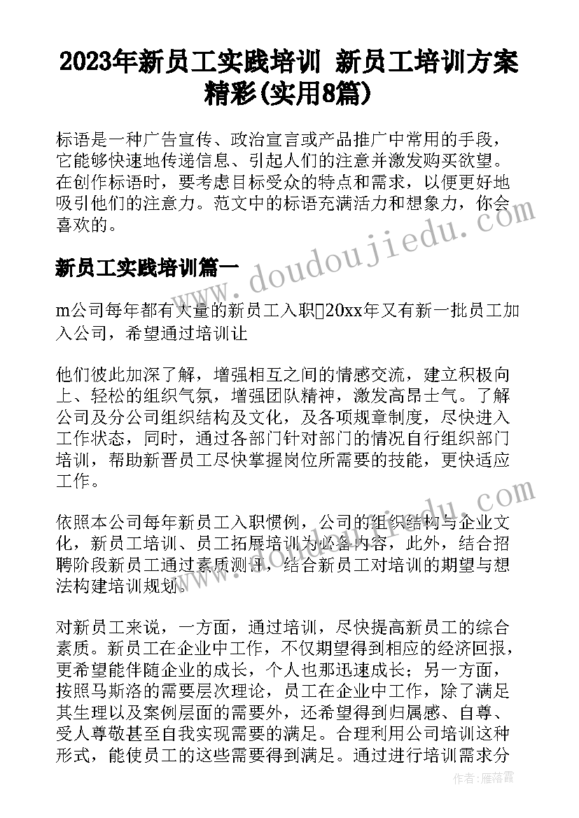 2023年新员工实践培训 新员工培训方案精彩(实用8篇)