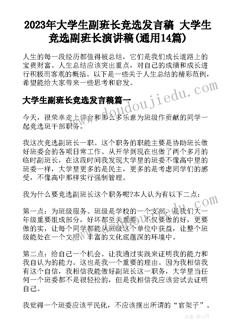 2023年大学生副班长竞选发言稿 大学生竞选副班长演讲稿(通用14篇)