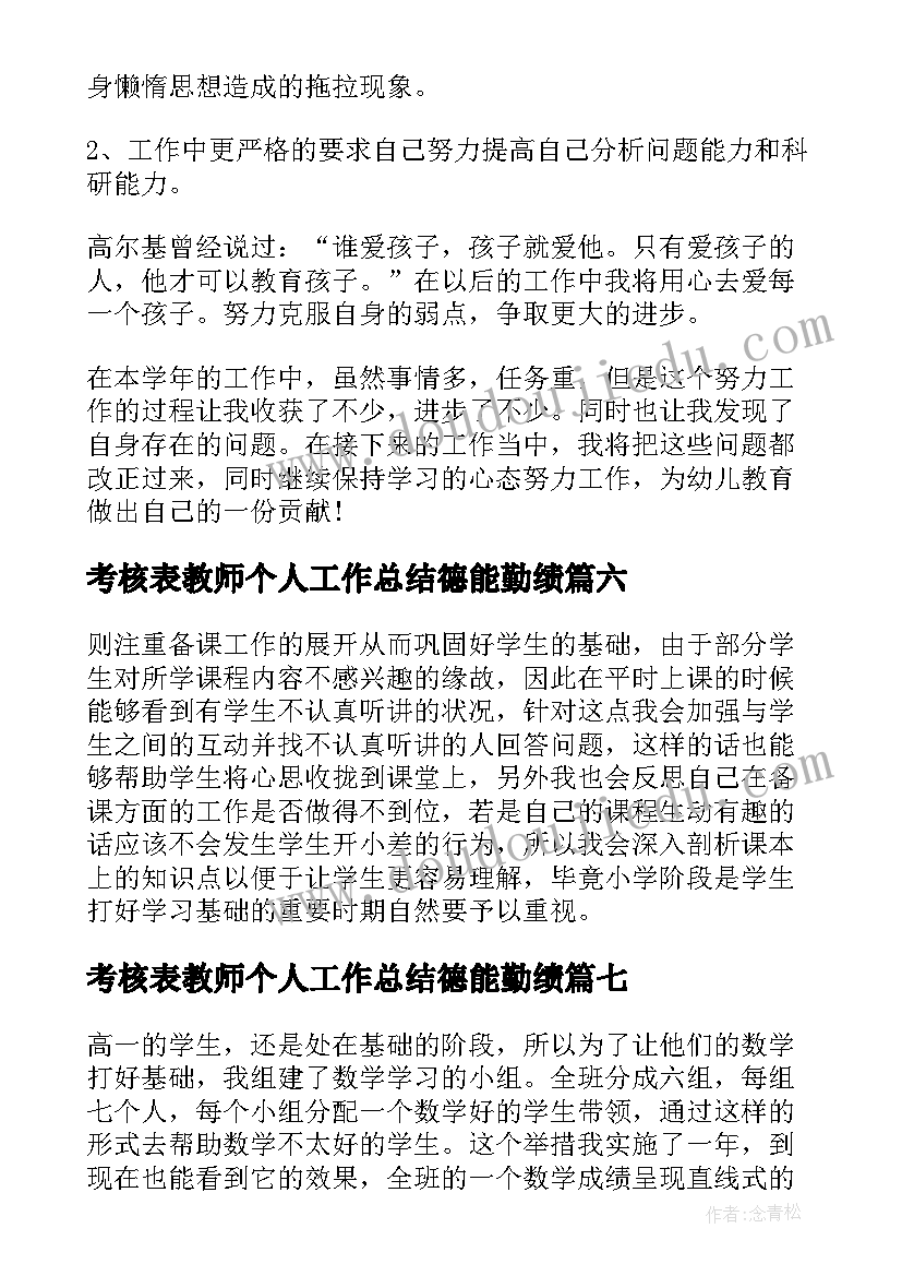 最新考核表教师个人工作总结德能勤绩 年度考核表个人工作总结教师(模板16篇)