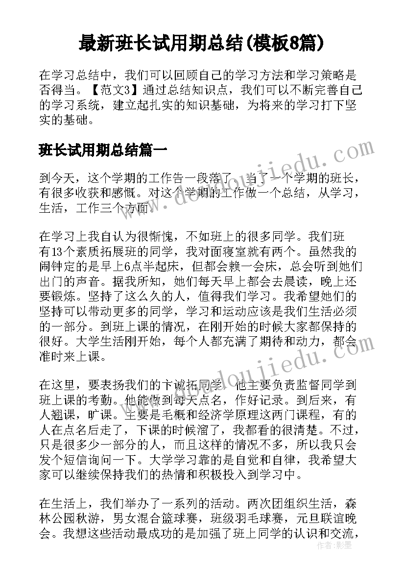 最新班长试用期总结(模板8篇)