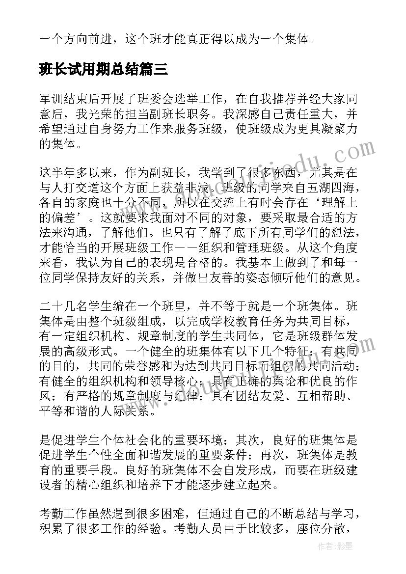 最新班长试用期总结(模板8篇)