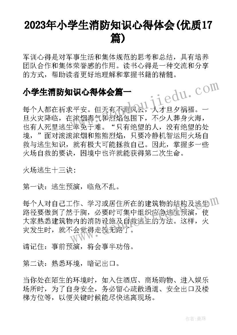 2023年小学生消防知识心得体会(优质17篇)