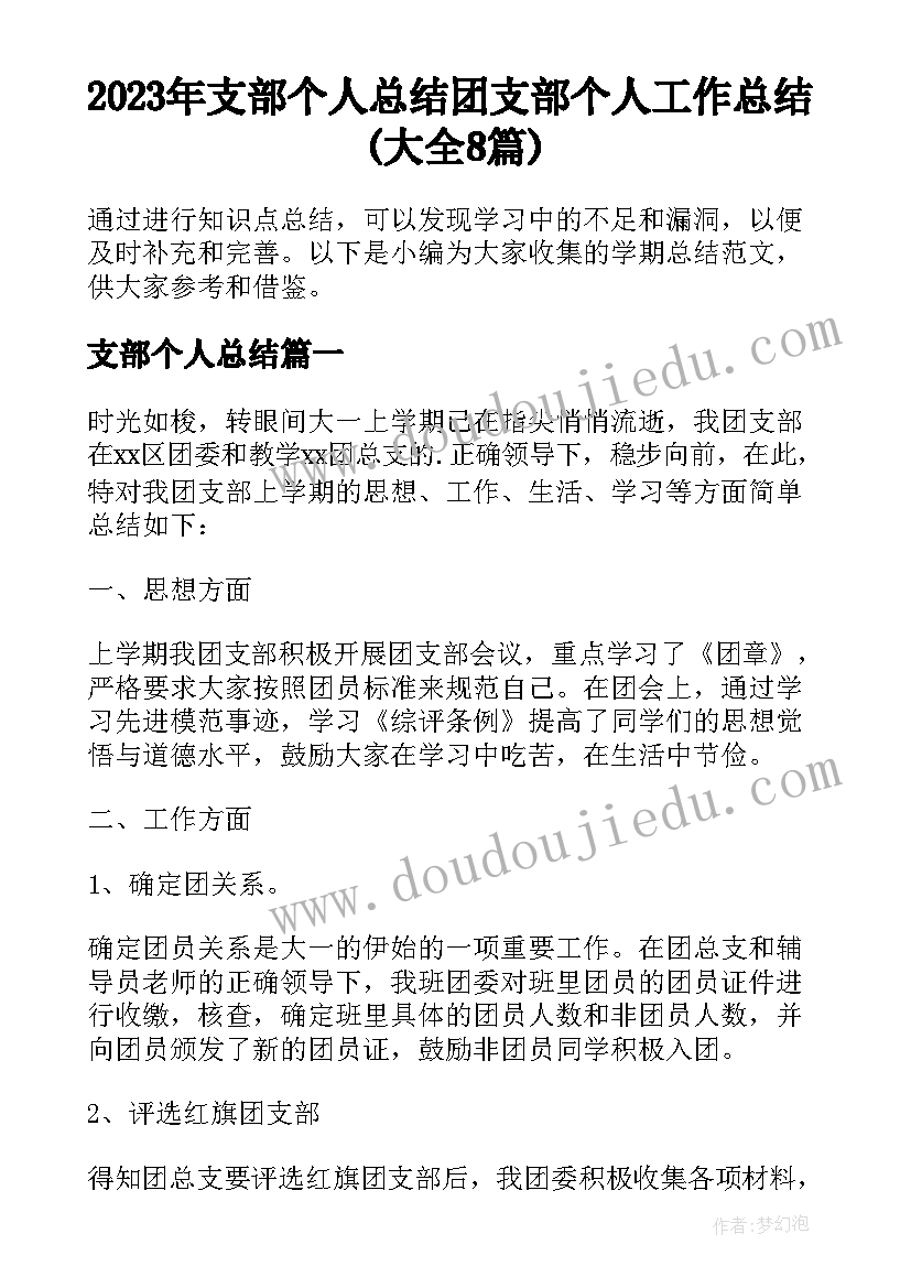 2023年支部个人总结 团支部个人工作总结(大全8篇)